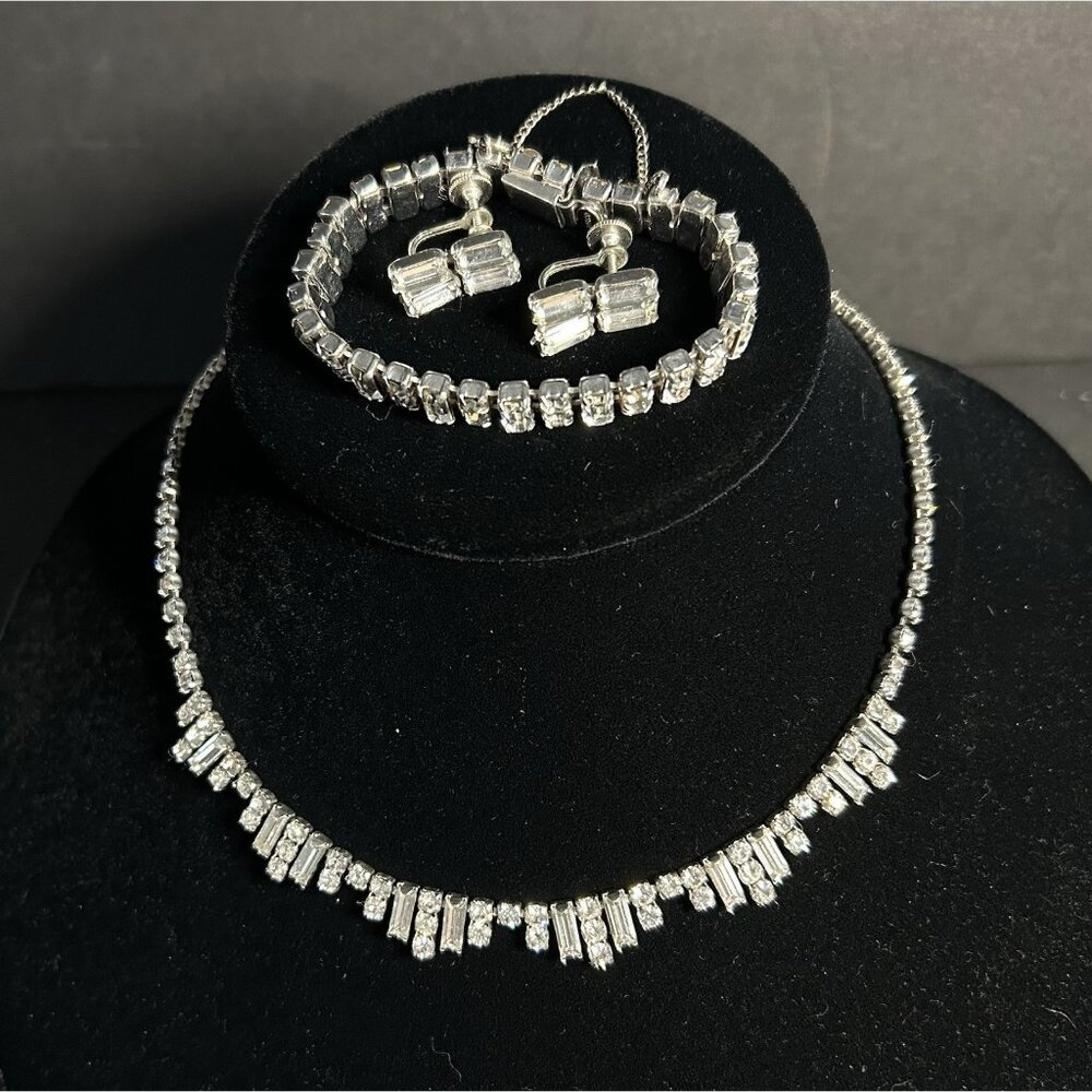 Vtg 50s PARCO Women 3pc Clear Rhinestone Necklace Bracelet & Earrings Parure Set